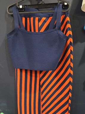 Navy Crop Top with Navy & Orange Striped Skirt